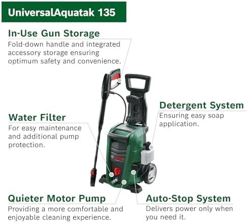 UniversalAquatak 135 High Pressure Washer | 1900 W, 135 Bar, 450 l/h Flow Rate, 3-in-1 Nozzle, Detergent Nozzle & Carrying Handle 3