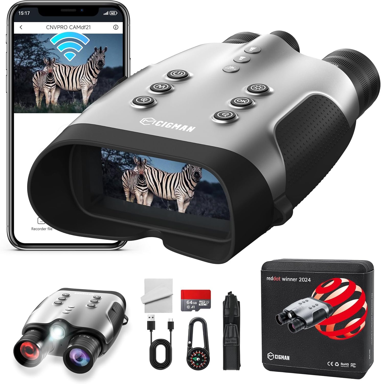 CNVPRO Night Vision Goggles 4K with 1000M Range, F/0.8 Aperture, 4" Display, Wi-Fi Control, IP54 Night Vision Scope with Flashlight, Backlit Buttons & 64GB Storage for Outdoor Use