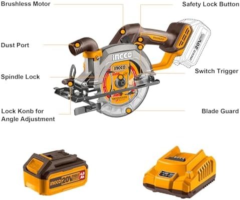 20V 140mm Cordless Circular Saw with Brushless Motor 6300RPM Max. Cutting Depth 50mm (90°) Electric Circular Saw 20mm Arbor with 1Pcs 4.0Ah Battery and Charger CSLI14021 3