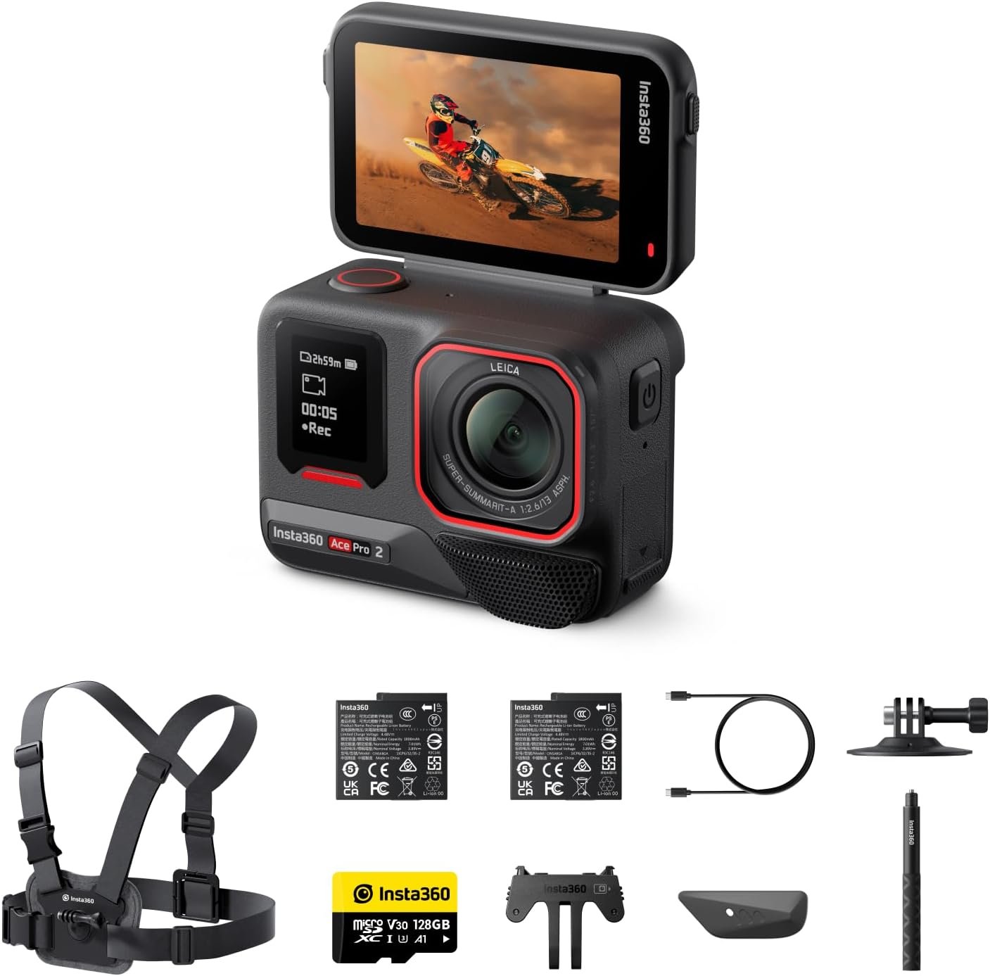 Ace Pro 2 Ski Bundle — 8K Waterproof Action Camera Co-Engineered with Leica, 1/1.3" Sensor, Dual AI Chip, Leading Low Light, Superior Audio, Flip Screen & AI Editing for Vlogs
