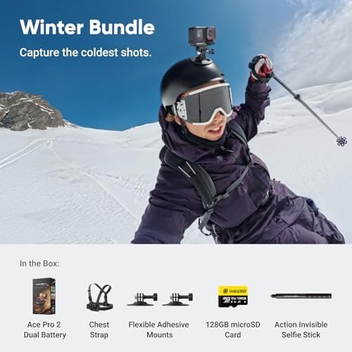 Ace Pro 2 Ski Bundle — 8K Waterproof Action Camera Co-Engineered with Leica, 1/1.3" Sensor, Dual AI Chip, Leading Low Light, Superior Audio, Flip Screen & AI Editing for Vlogs 2