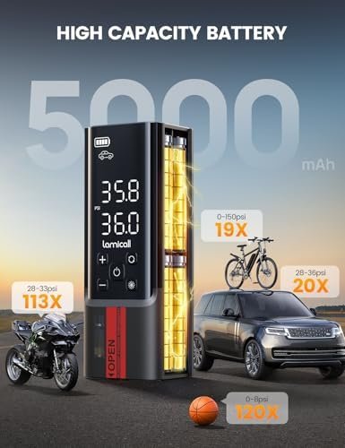 Cordless Tyre Inflator Air Compressor - [Metal Cylinder] 150PSI Electric Pump with Digital Dual-Value Display, Portable Air Pump for Car Motorcycle Bike Balls, with Long Hose, Silicone Case 3