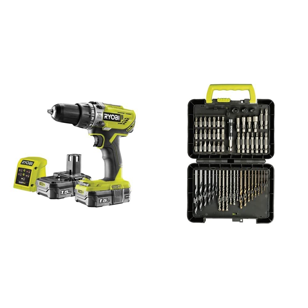R18PD3-215GZ 18V ONE+ Cordless Combi Drill Starter Kit + 60-Piece Bit Set